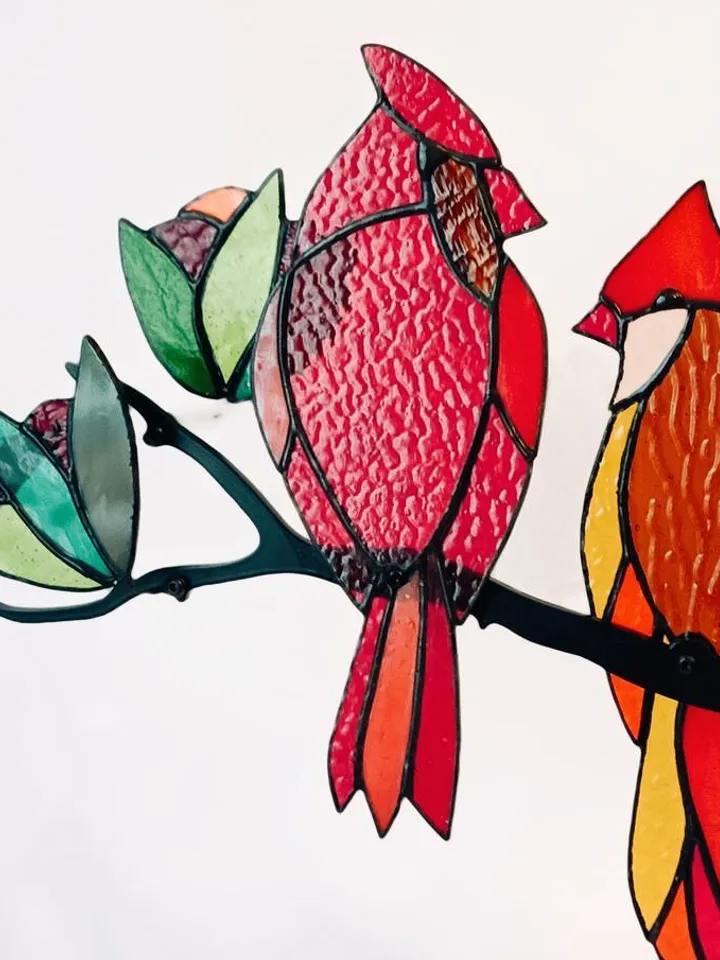 Red Cardinals. Stained Glass Composition on Metal, Red Cardinals Stained Glass Art, Tiffany Technique Cardinal Ornament, Handcrafted Stained Glass Birds on Metal, Red Birds Stained Glass Suncatcher, Handmade Glass Cardinal Wall Decor, Tiffany-Style