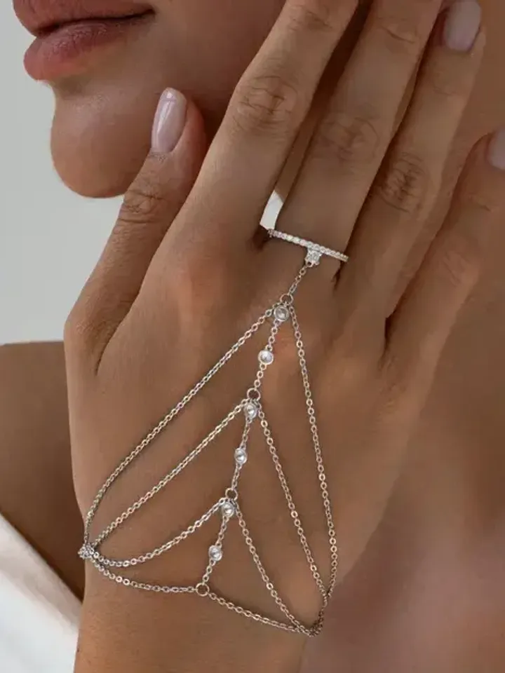 Silver bracelet for women with cubic zirconia, slave bracelet for hand, ring size 5.5-9