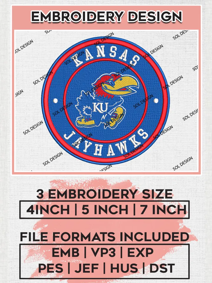 NCAA Kansas Jayhawks Round Logo Embroidery, NCAA Kansas Jayhawks Logo Embroidery files, NCAA Teams, Machine embroidery designs, Digital Download