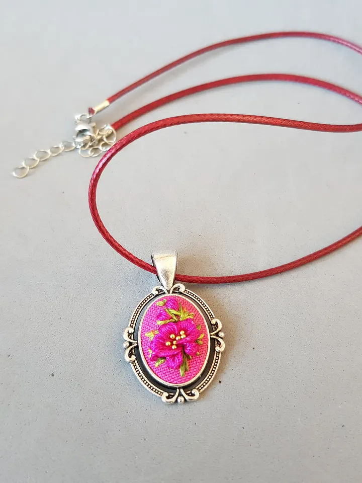 Hand embroidery pendant for her, 4th wedding anniversary gift, embroidered jewelry, custom embroidery necklace, art 34