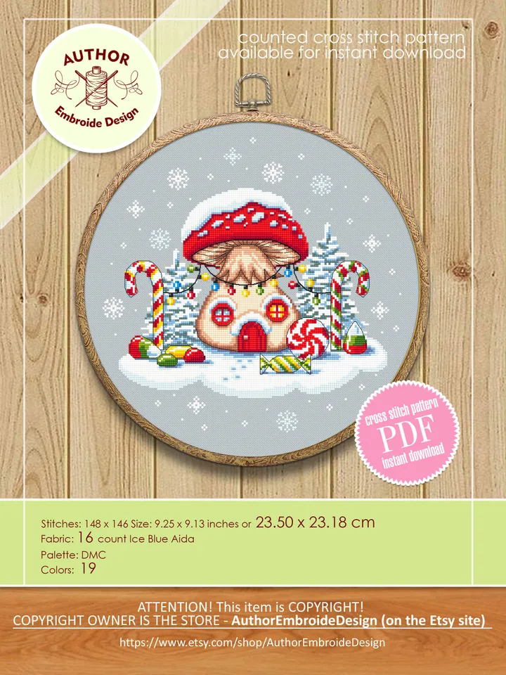 Christmas mushroom cross stitch pattern PDF download, Fairy house cross stitch chart, Magic Fly agaric Amanita, Sweet Christmas candy #N82