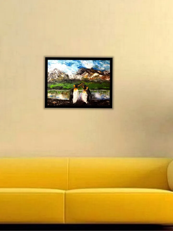 Landscape oil painting.Penguins northern landscape,original oil painting,stretched canvas.