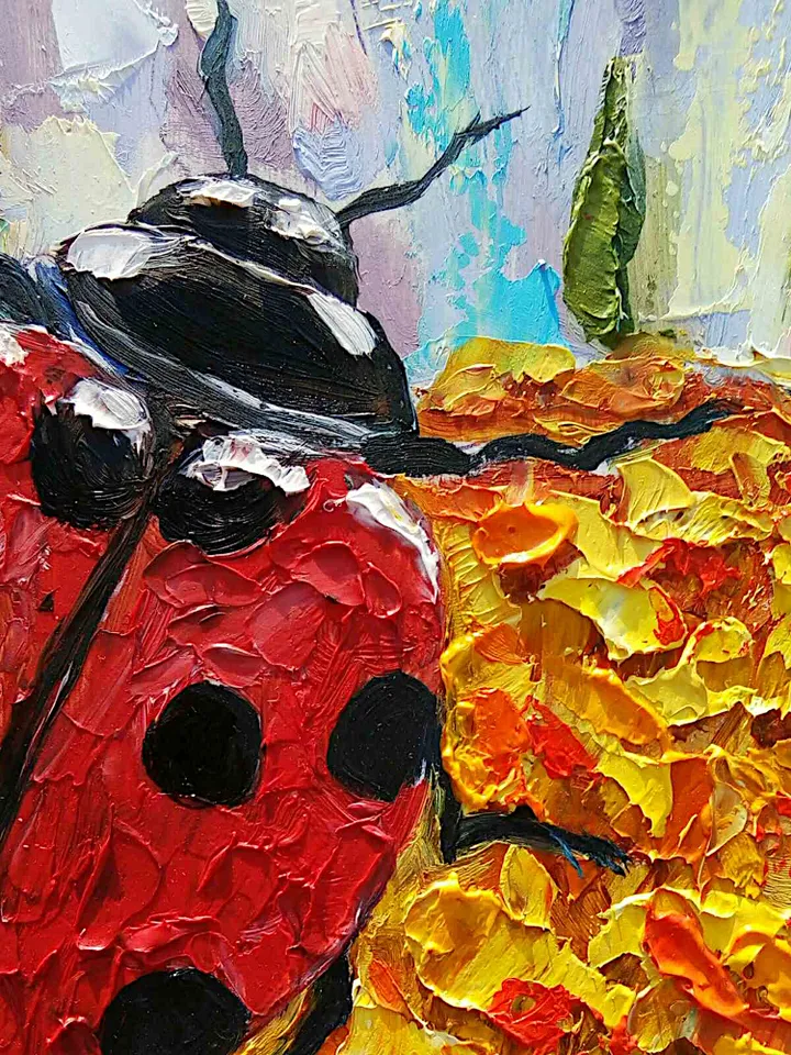 Ladybug Painting Daisy Original Art Animal Flower Painting Floral Small Art Insect Colorful Art 8" x 8" By Colibri Art
