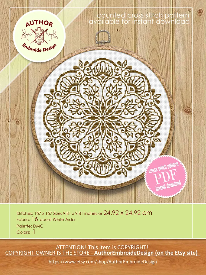 Flower mandala cross stitch pattern download PDF Floral mandala digital Beginner stitch Monochrome cross stitch Modern xstitch chart #M168