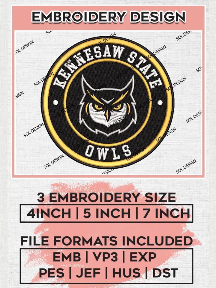 NCAA Kennesaw State Owls Round Logo Embroidery, NCAA Kennesaw State Team Logo Embroidery files, NCAA Teams, Machine embroidery designs, Digital Download