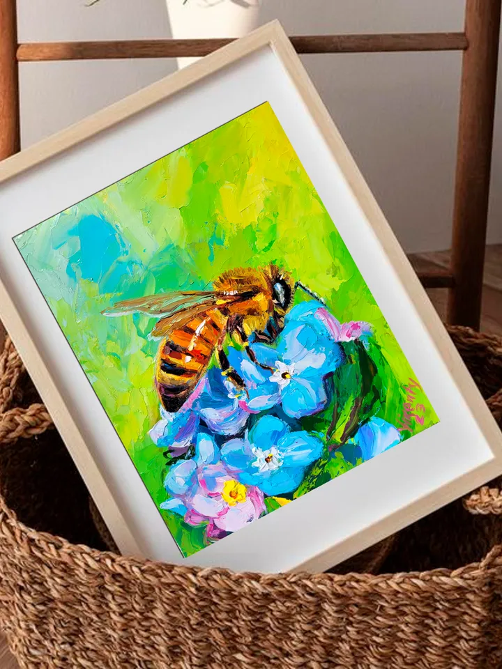 Forget Me Not Flower Honey Bee Painting Original Art Impasto Oil Painting 8x10 Birthday Gift Bee Artwork Blue Flower Wall Art by ArtFromVictoria