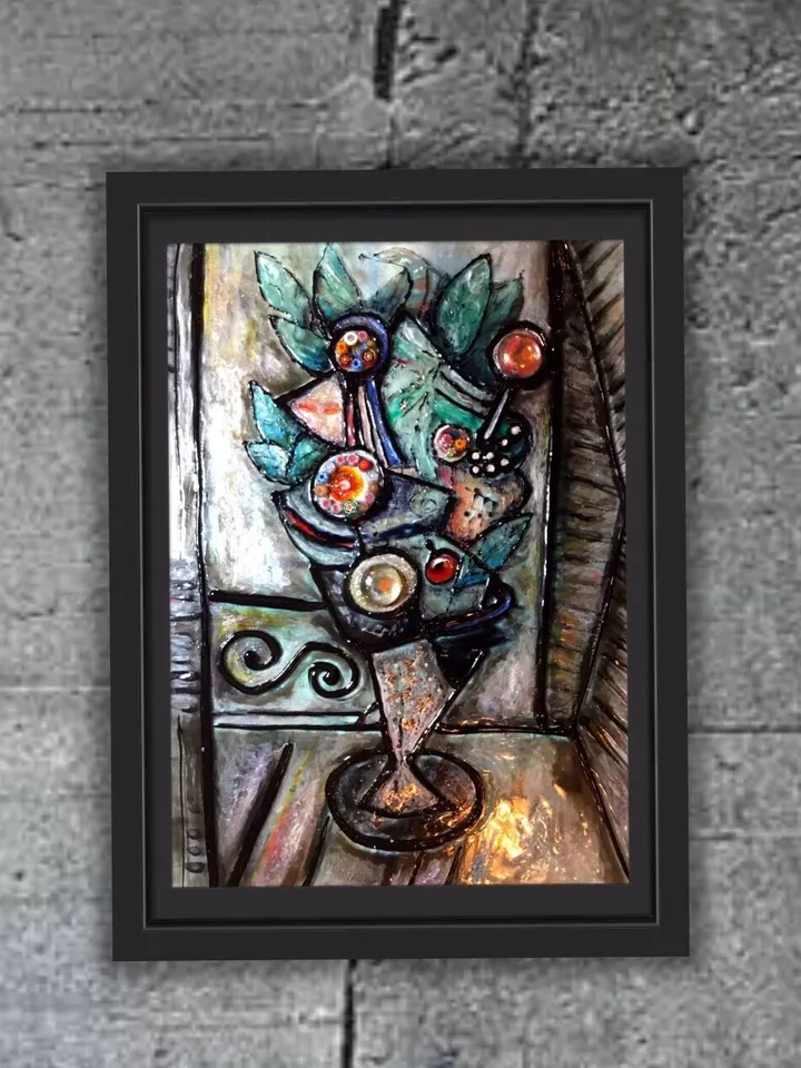 Abstract painting on glass.Mix media modern flowers,glass and watercolour painting with mosaic decoration.Hand made original.Gift for her.