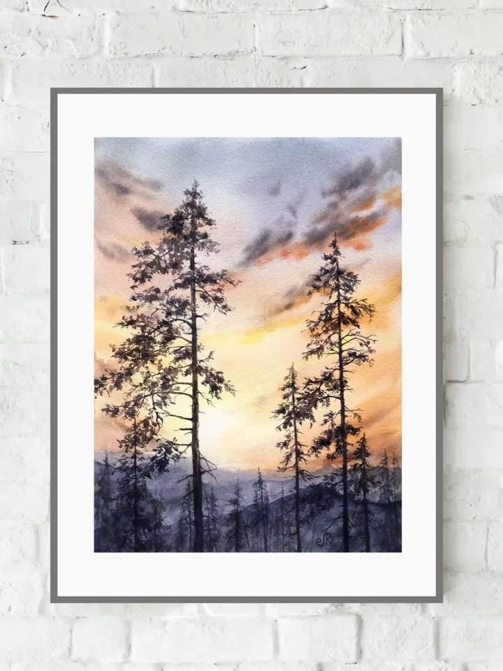 Sunset Original Painting Forest Watercolor Painting Trees Landscape Wall Art
