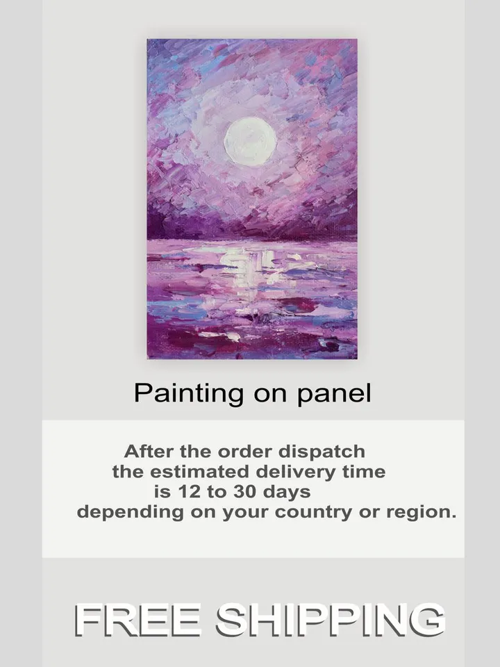 Seascape original painting Ocean wall art Full moon night oil painting Moonlit Night artwork Purple home decor