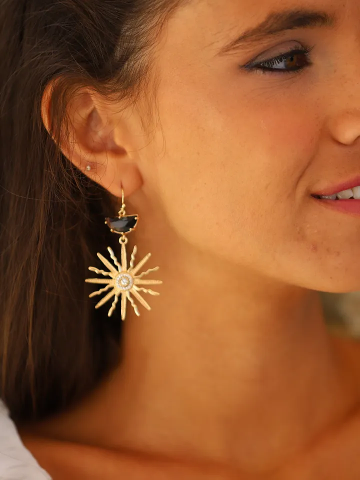 Art Deco Wedding Earrings, Gold Black Boho Bridal Earrings, Sun Celestial Statement Wedding Earrings For Bride, Star Bridal Earrings Jewelry