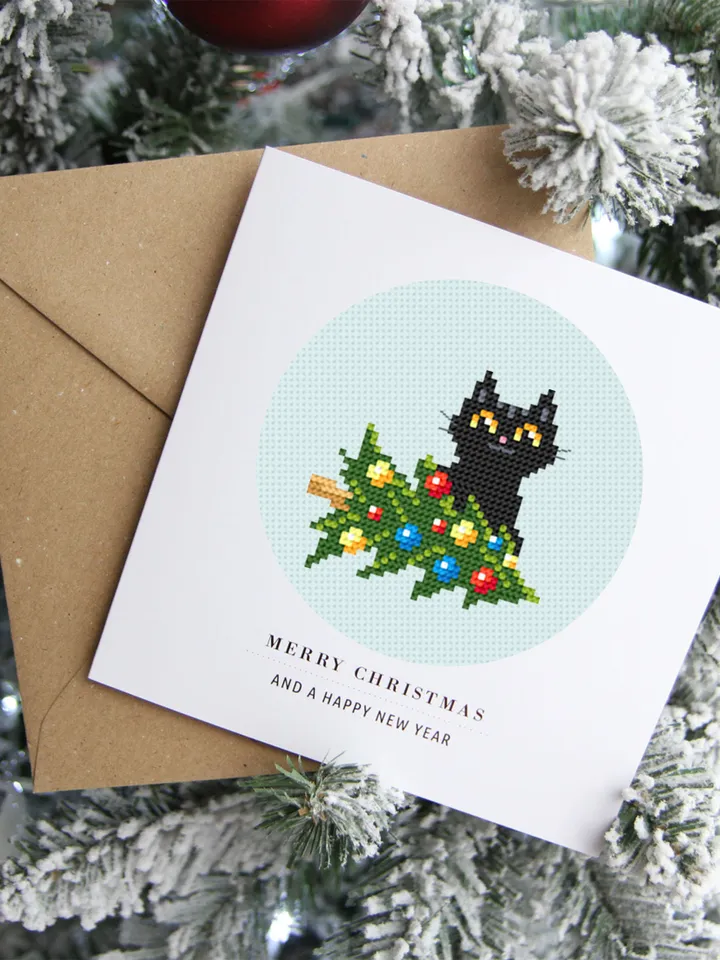 Set Christmas cats cross stitch pattern download PDF, Cute black cat embroidery PDF, Christmas small cross stitch, Funny home cat decor #N79
