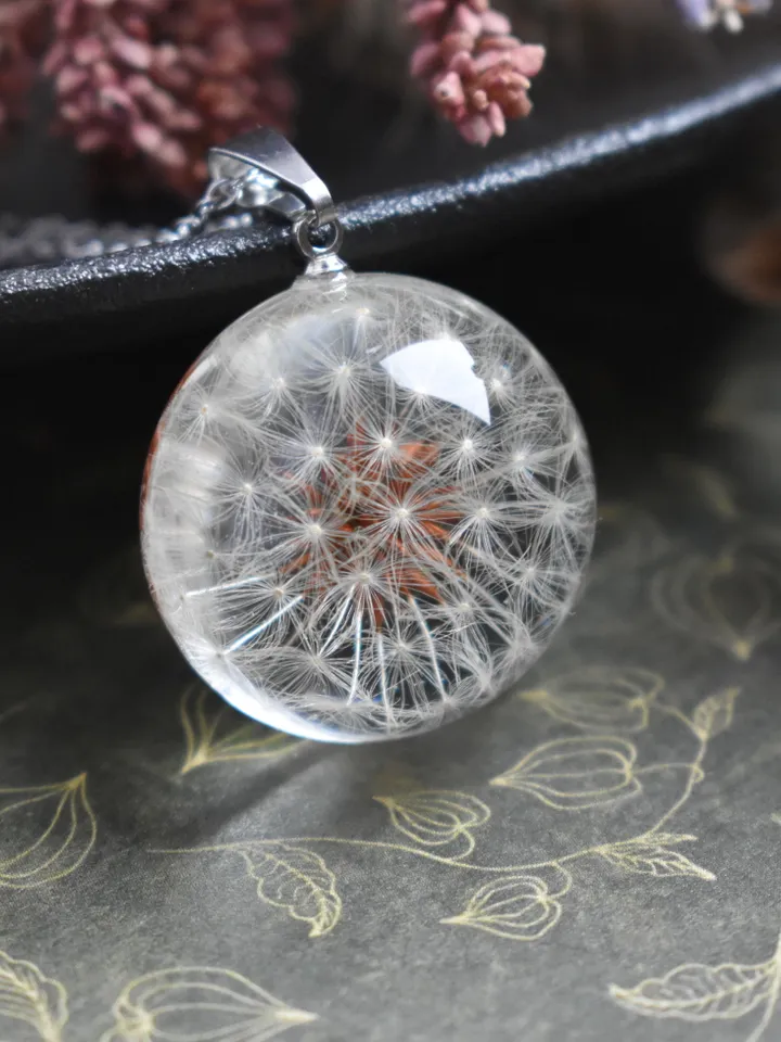 Real Dandelion pendant. A whole dandelion necklace. Transparent hemisphere pendant.