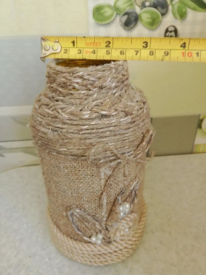 Handmade Jute Vase – Eco-Friendly Rustic Decor with Mother-of-Pearl Beads and Woven Braid Design