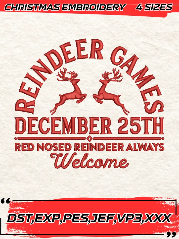 Reindeer Games Embroidery Design,Christmas Embroidery Design,4 Sizes, Digital Download