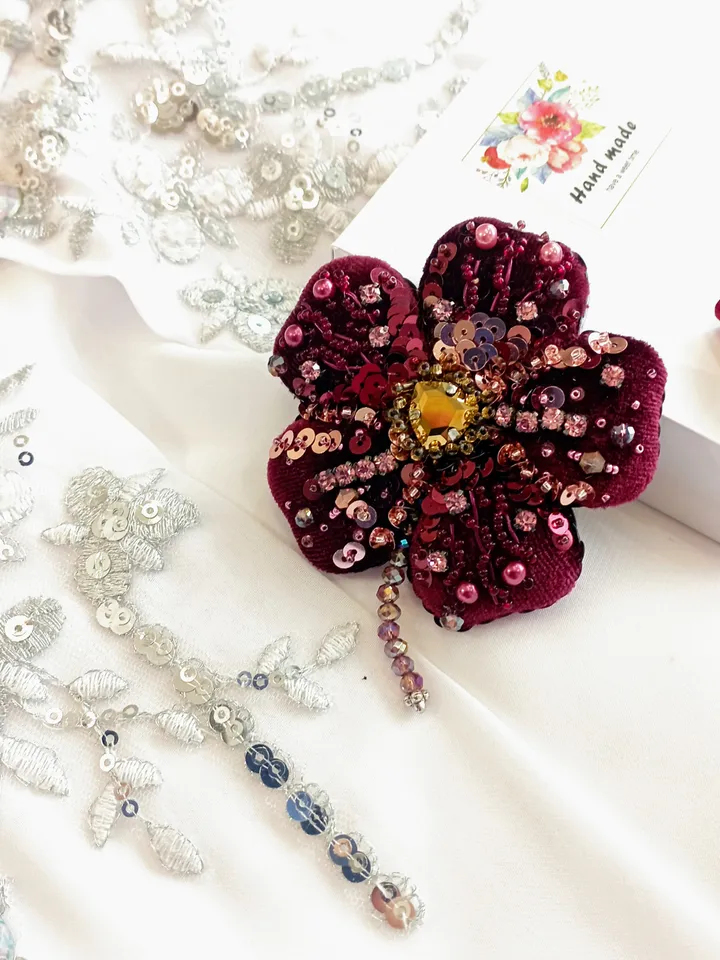 Beaded rhinestone flower brooch for women, crystal flower brooch, burgundy pin, gift for her, coworker gift, bag pin
