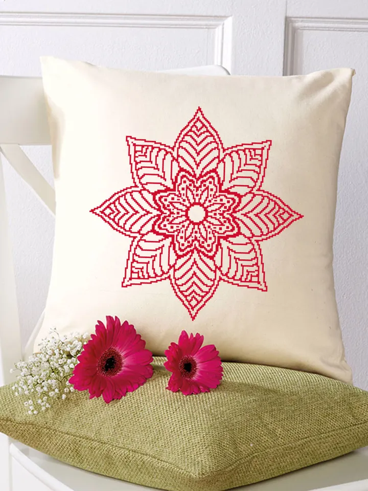 Mandala cross stitch pattern download PDF, Flower mandala pattern PDF, Floral ornament cross stitch chart, Monochrome hand embroidery #M182