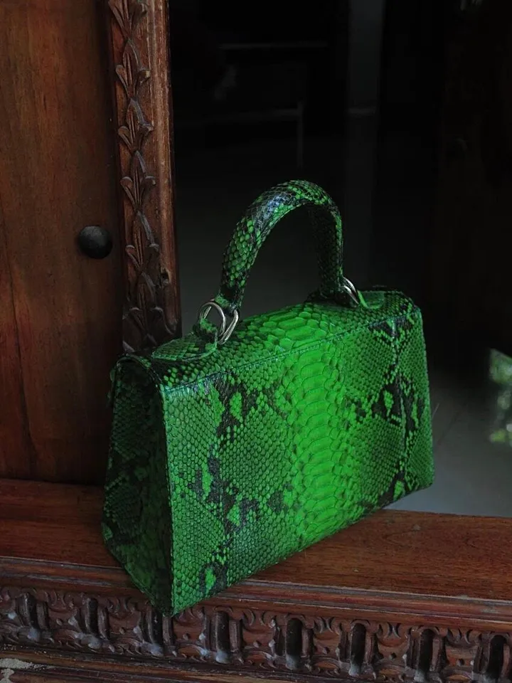 Top handle bright green classy genuine python skin bag | exotic leather bags | Elegant everyday women purse | snakeskin bag| designer bag