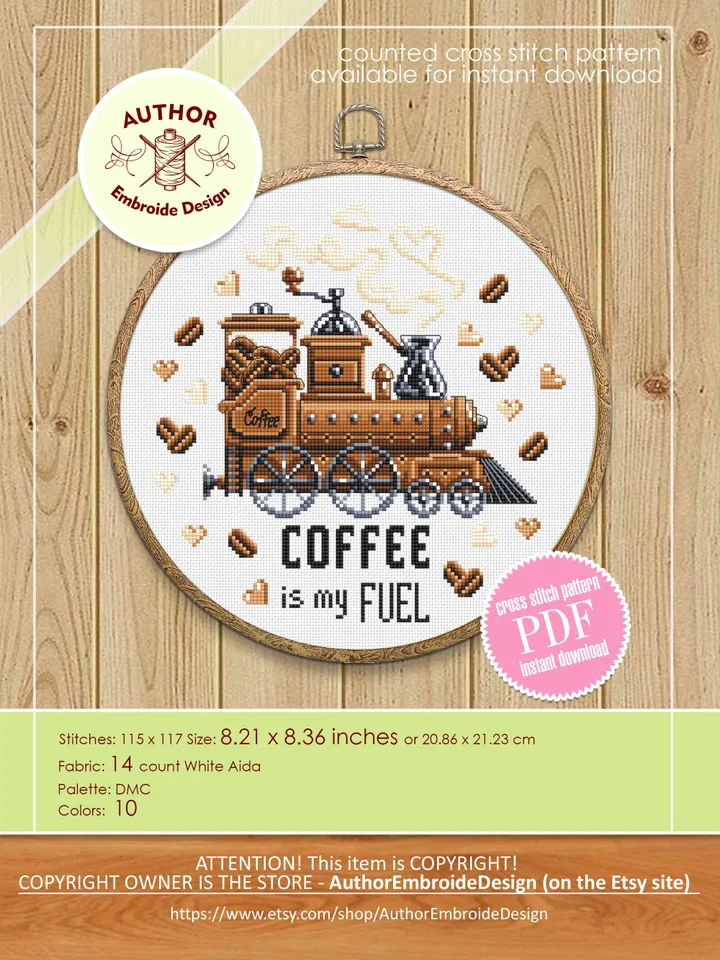 Funny Coffee quote cross stitch pattern PDF download Coffee is my fuel, Coffee Train cross stitch chart, Kitchen pattern digital PDF #Q58