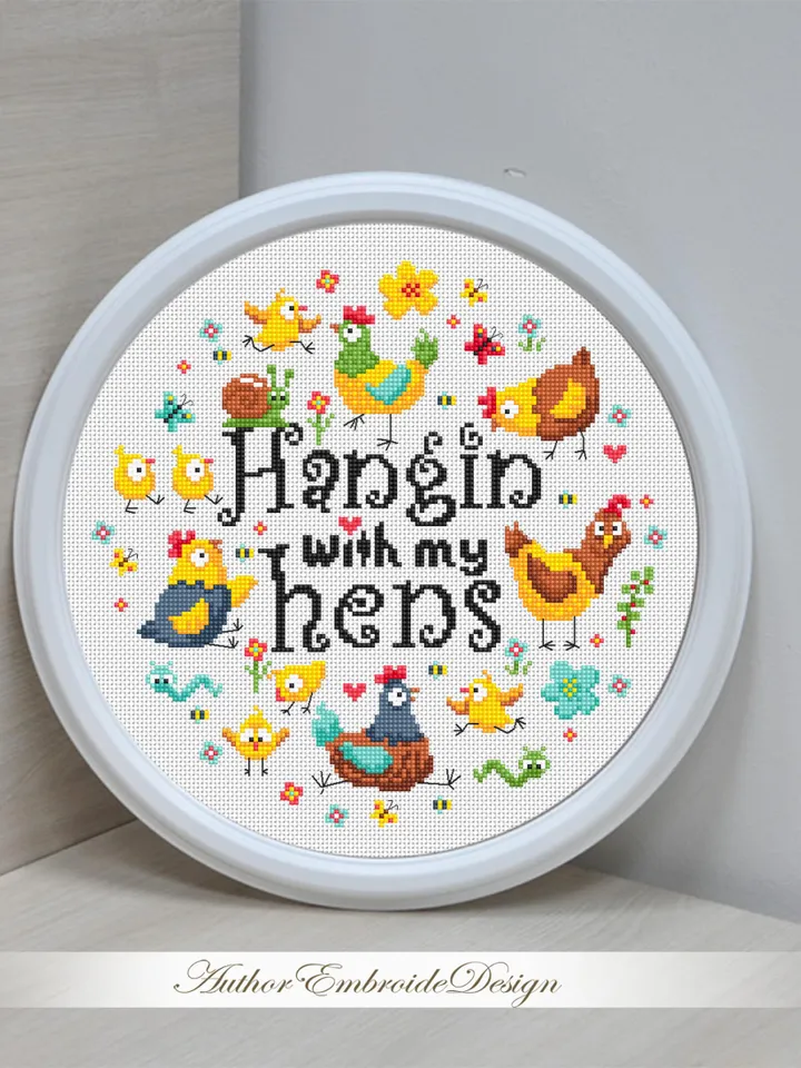 Funny chickens cross stitch pattern PDF instant download Hangin with my hens cross stitch chart, Funny pattern digital PDF for friends #Q64