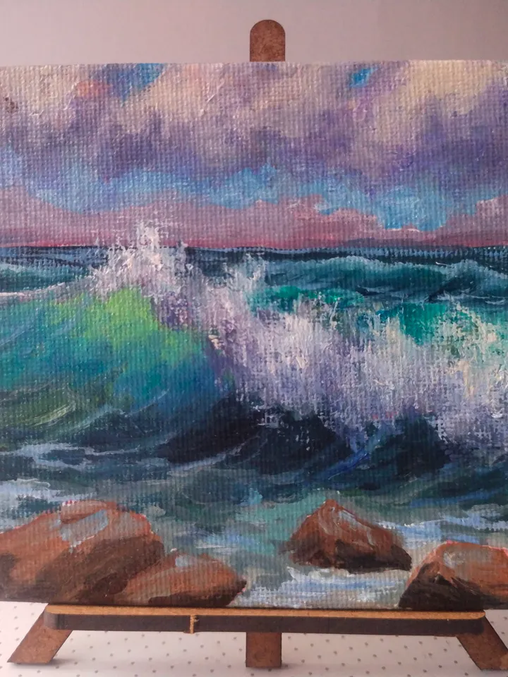 Original Seascape Oil Painting, Miniature canvas with easel, Turquoise Wave art decor, Unique gift for art lover