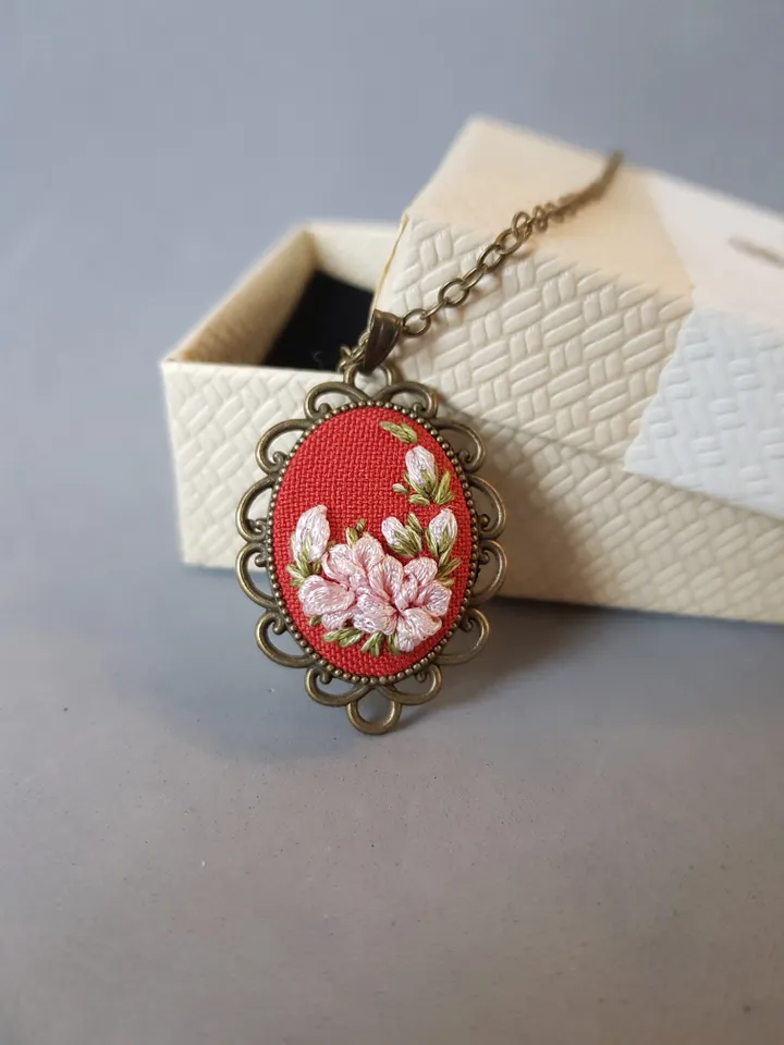 Ribbon embroidered pendant for her, handmade jewelry, art 44