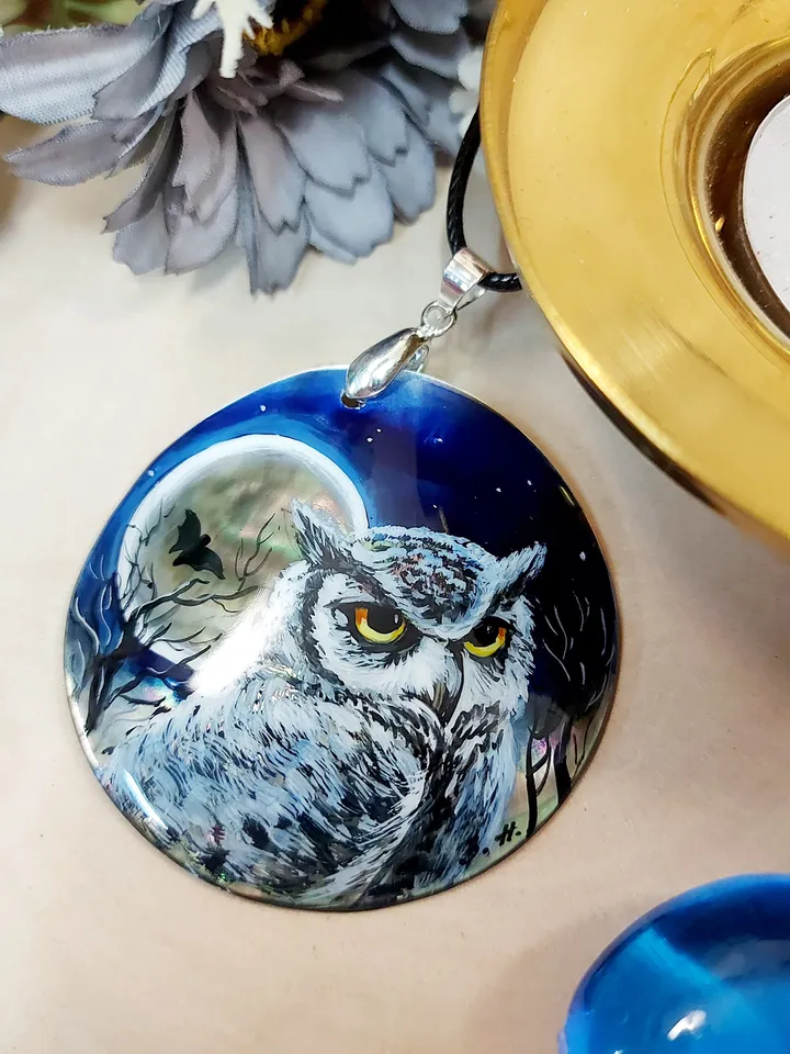 Pearl pendant necklace: Wild Eagle owl at moon night on lacquer necklace. Gorgeous nature on aesthetic pendant. Graceful animal gift for her