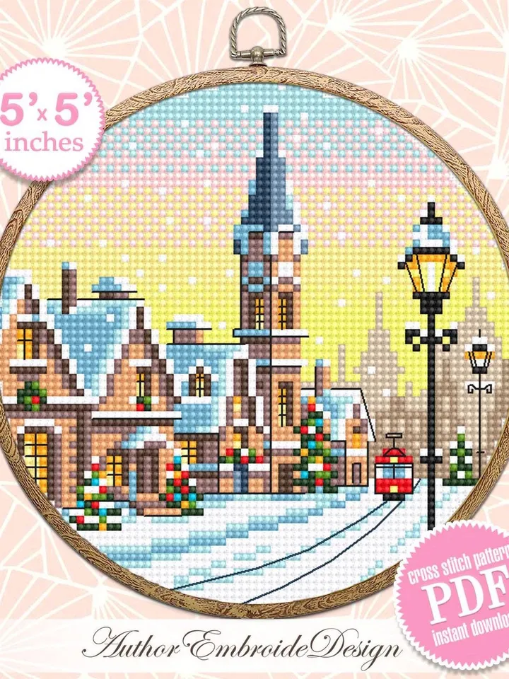 Christmas city cross stitch pattern PDF download Winter landscape cross stitch, Christmas pattern digital PDF, Snow pattern beginner #N178