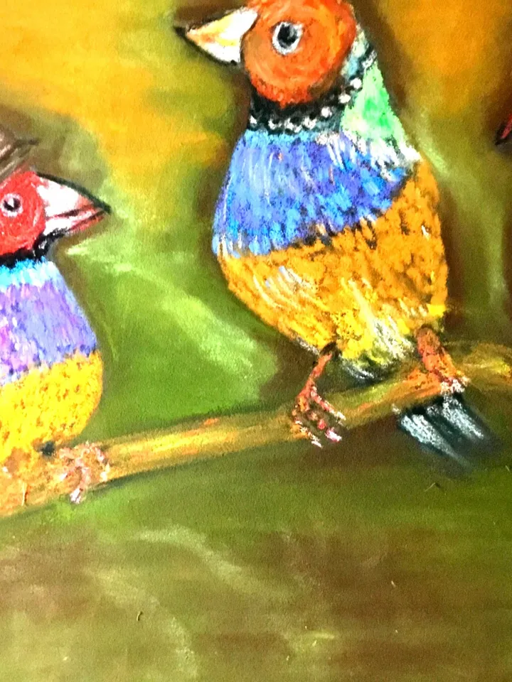 Funny birds painting ,3 friends, original pastel painting,bright colours.