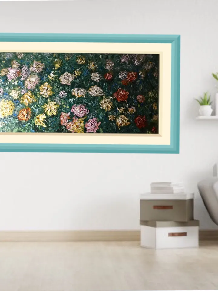 Large original oil painting,Monet inspired,bed of chrysanthemums wall art,impasto flowers painting.