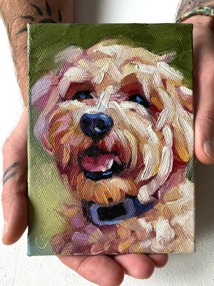 Dog oil painting original, Pet portrait artwork, Animal miniature wall art 4x6