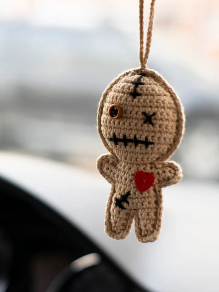 Voodoo Doll car hanging accessories, rear view mirror charm, creepy cute car pendant heart, crochet car decor for women