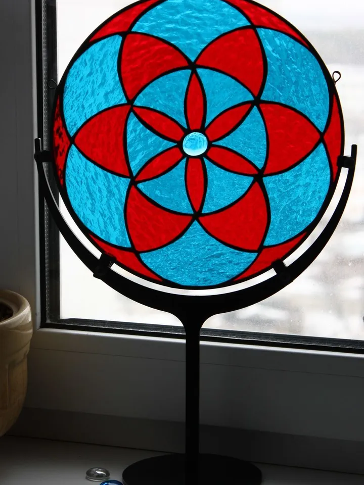 Mandala "Flower of Life", Stained Glass Mandala "Flower of Life", Tiffany Mandala with Sacred Geometry, Colorful Glass Mandala – Flower of Life, Sacred Stained Glass Wall Art, Handmade Flower of Life Mandala