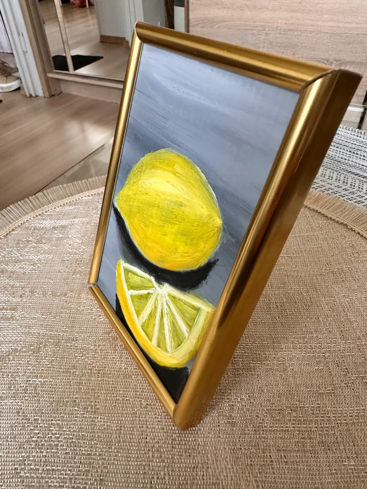 Oil Painting Lemons Still Life Fruits Citrus Fruits Food Nature Cardboard 15x10 cm 6x4 inches Wall Decor In a gold frame