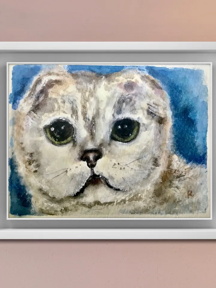 Scottish fold cat original watercolour painting,animals painting,gift for cat lovers,unique gift,white cat painting.