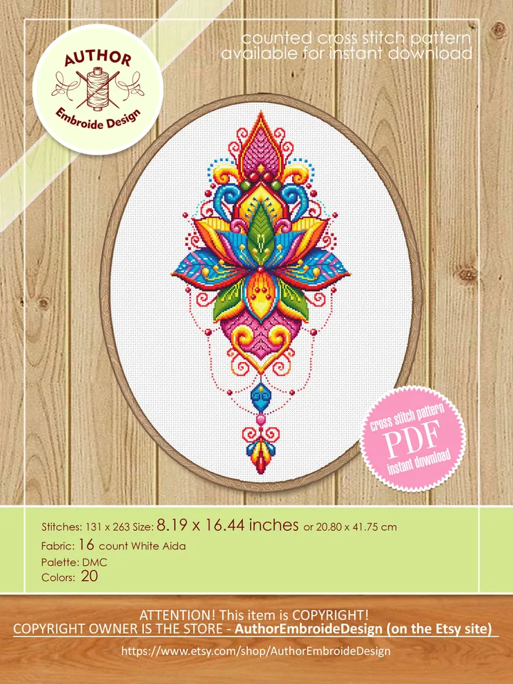 Lotus flower mandala cross stitch pattern PDF download Floral mandala embroidery PDF, Rainbow lotus cross stitch chart, Indian mandala #M198