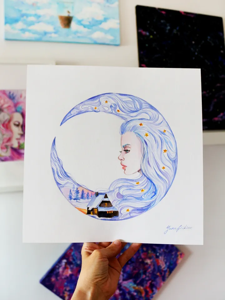 Moon Goddess Painting Moon Original Art Crescent Moon Watercolor Night Goddess Artwork