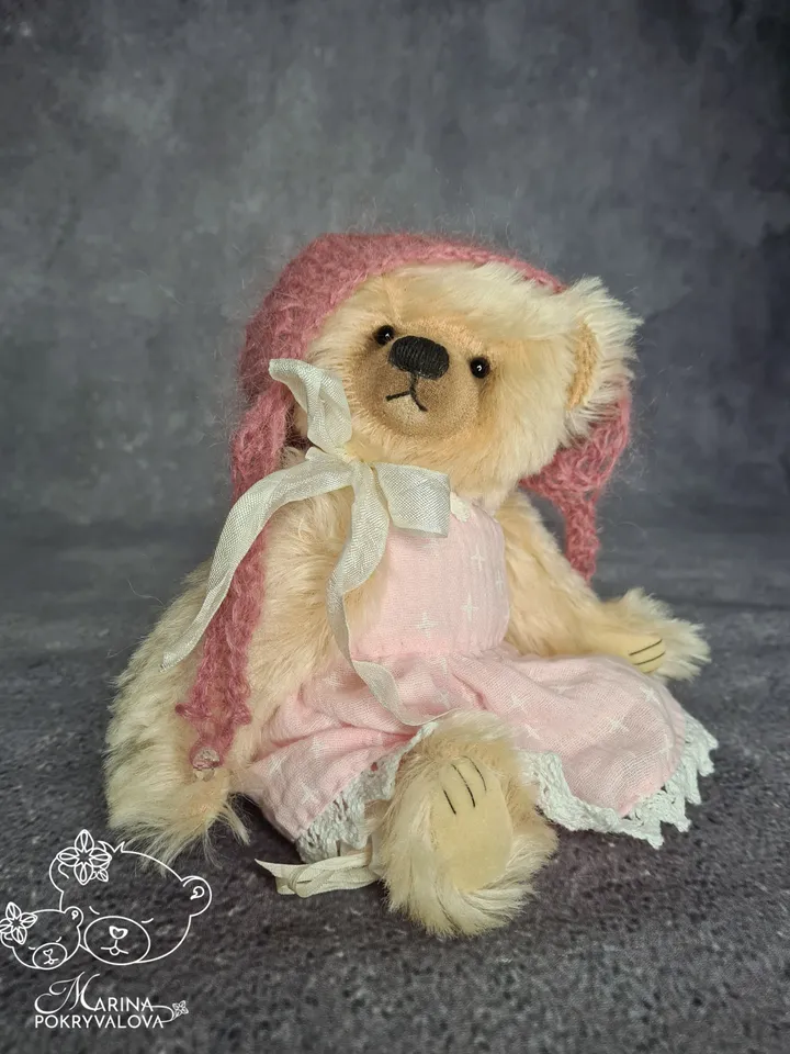 Mohair teddy bear in dress. Jointed bear toy. Handmade teddy bear. Artist bear.