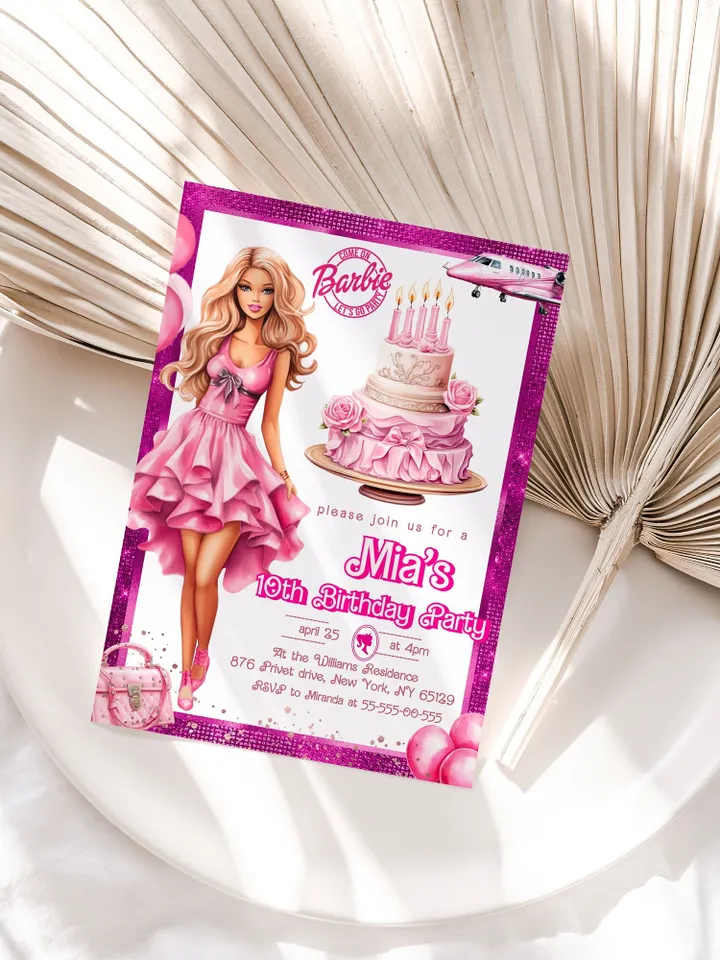 Doll Party Birthday Invitation; hot pink doll party birthday invitation editable template; cute doll girl birthday party bar12