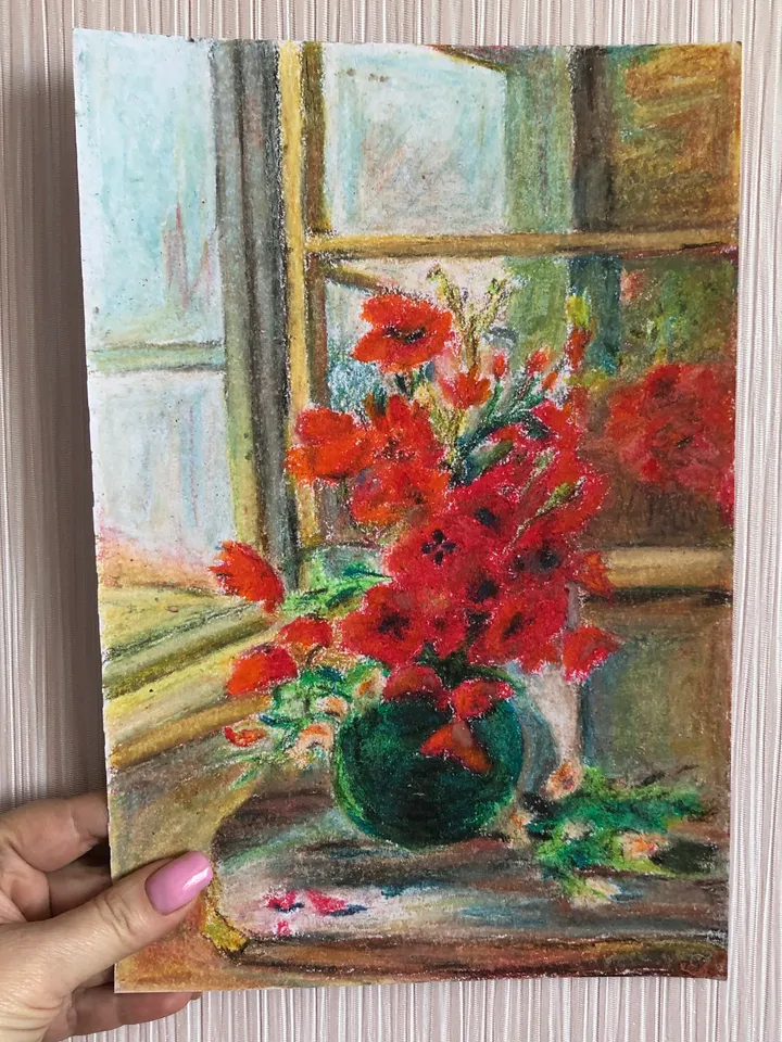 Bouquet of poppies wall art Original oil pastel painting 8x11 inch