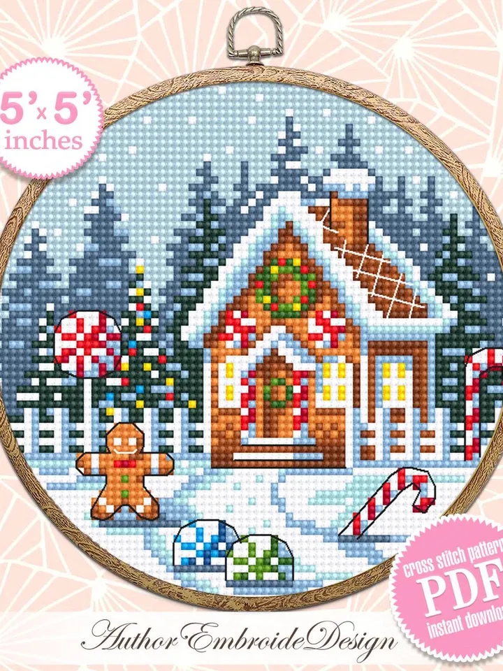 Gingerbread house cross stitch pattern PDF download Snow winter landscape cross stitch chart Christmas gingerbread pattern digital PDF #N185