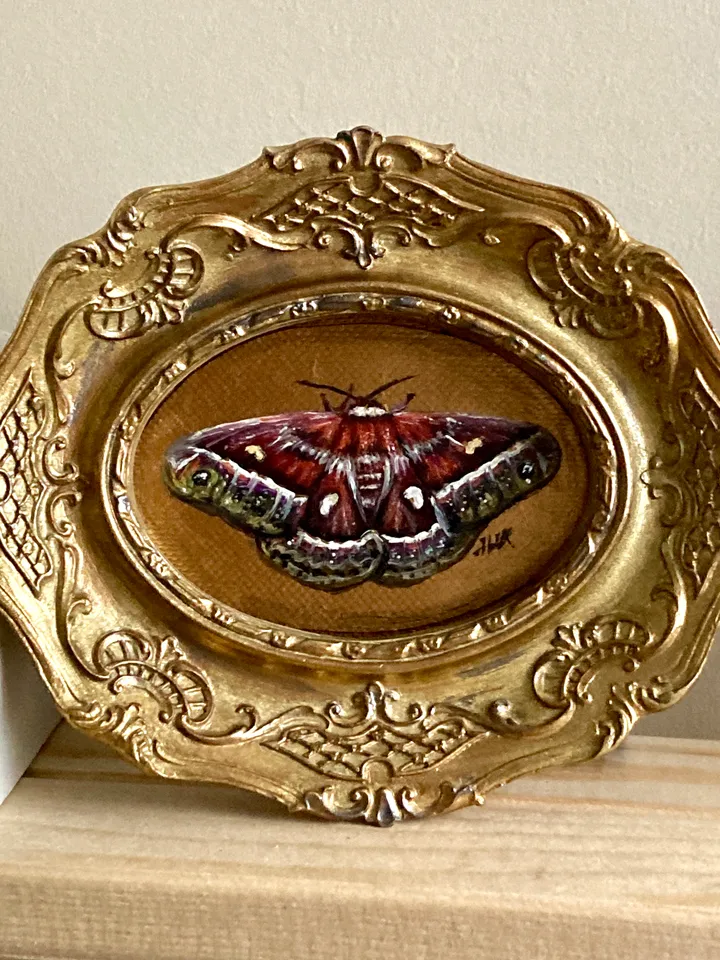 Moth Painting Original Gold Frame Art Original Oil Painting Small