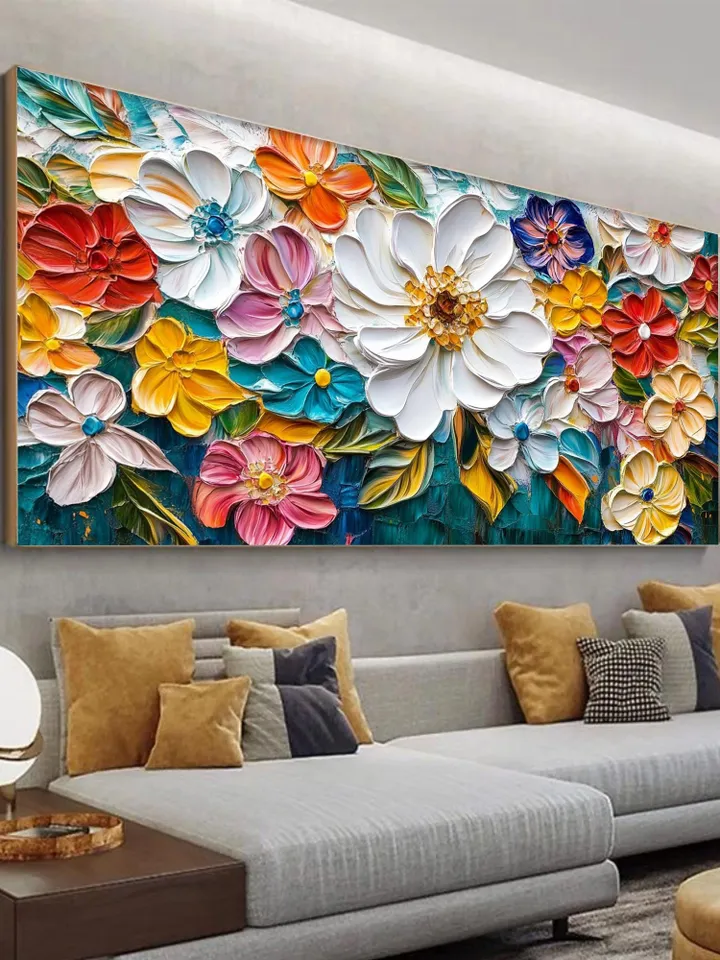 Large Impasto Floral Painting, Textured Colorful Flower Artwork, 3D Thick Paint Palette Knife Original Art, Abstract Flower Bouquet Painting