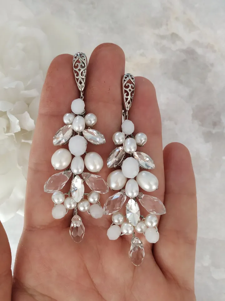 Freshwater pearl Bridal Earrings Boho wedding earrings Boho bridal earrings Gold Bridal earrings Chandelier Statement Long Wedding Earrings