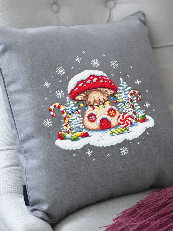 Christmas mushroom cross stitch pattern PDF download, Fairy house cross stitch chart, Magic Fly agaric Amanita, Sweet Christmas candy #N82