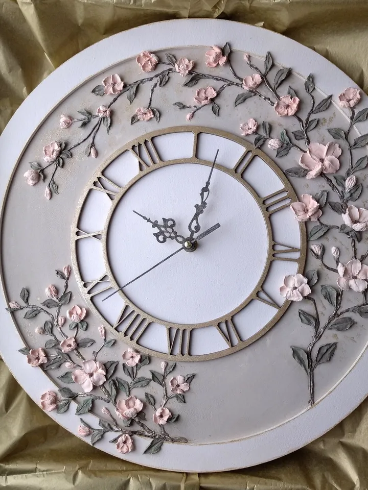 White gray wall clock with voluminous sakura Handmade clock Silent clock for bedroom, living room or nursery Gift for Christmas, Birthday, Mother's Day, Wedding, Housewarming