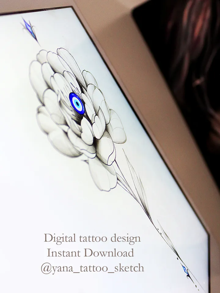 Evil Eye Tattoo Design Flower And Greek Evil Eye Tattoo Idea Stencil Sketch, Instant download PDF, JPG