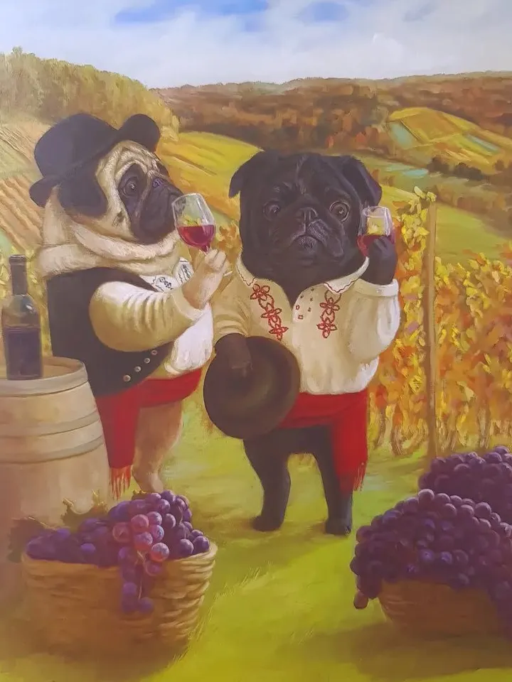 print of oil painting Pugs in the vineyards