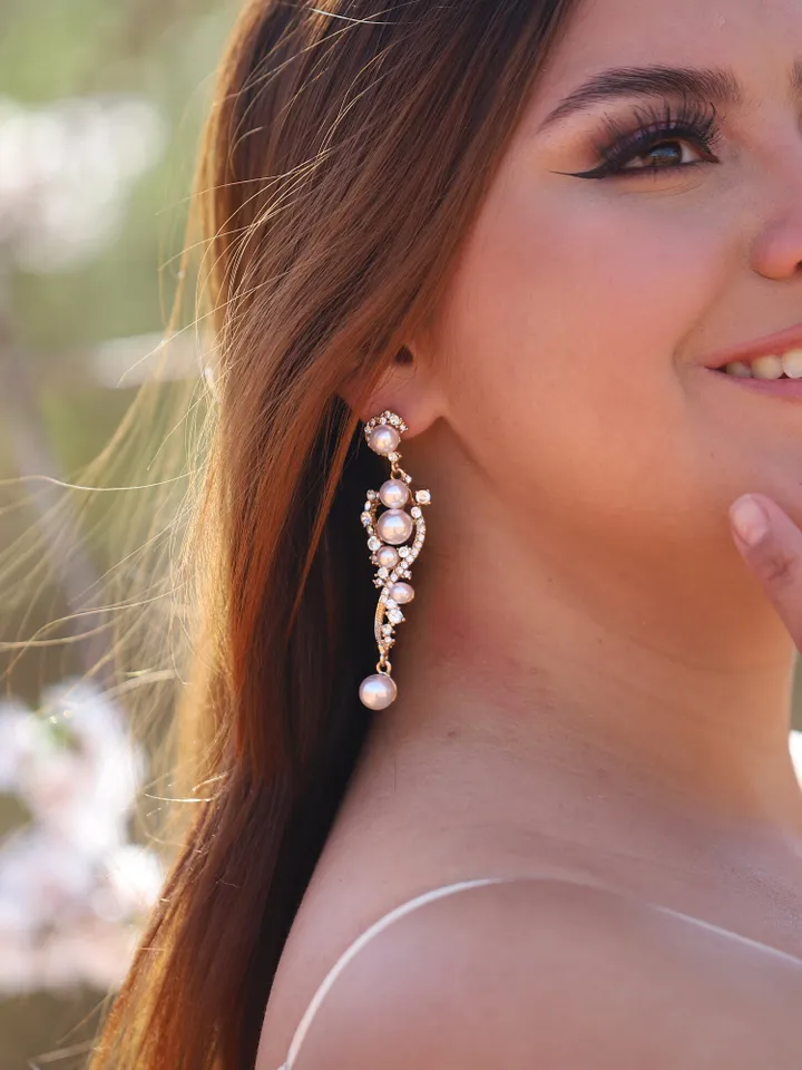 Boho Wedding Earrings, Champagne Gold Pearl Bridal Earrings, Swarovski Crystal Chandelier Wedding Earrings, Silver Statement Wedding Jewelry