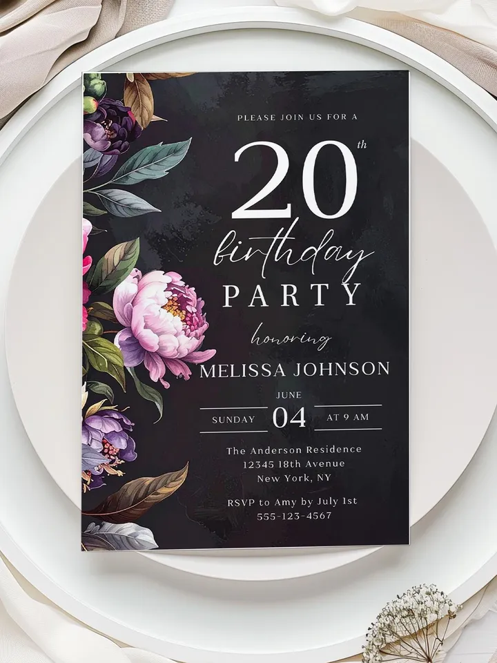 20th Birthday Invitation for women or men – Moody Burgundy & Blush Peony Floral Invitation Elegant Dark Birthday Party Invite Canva Template