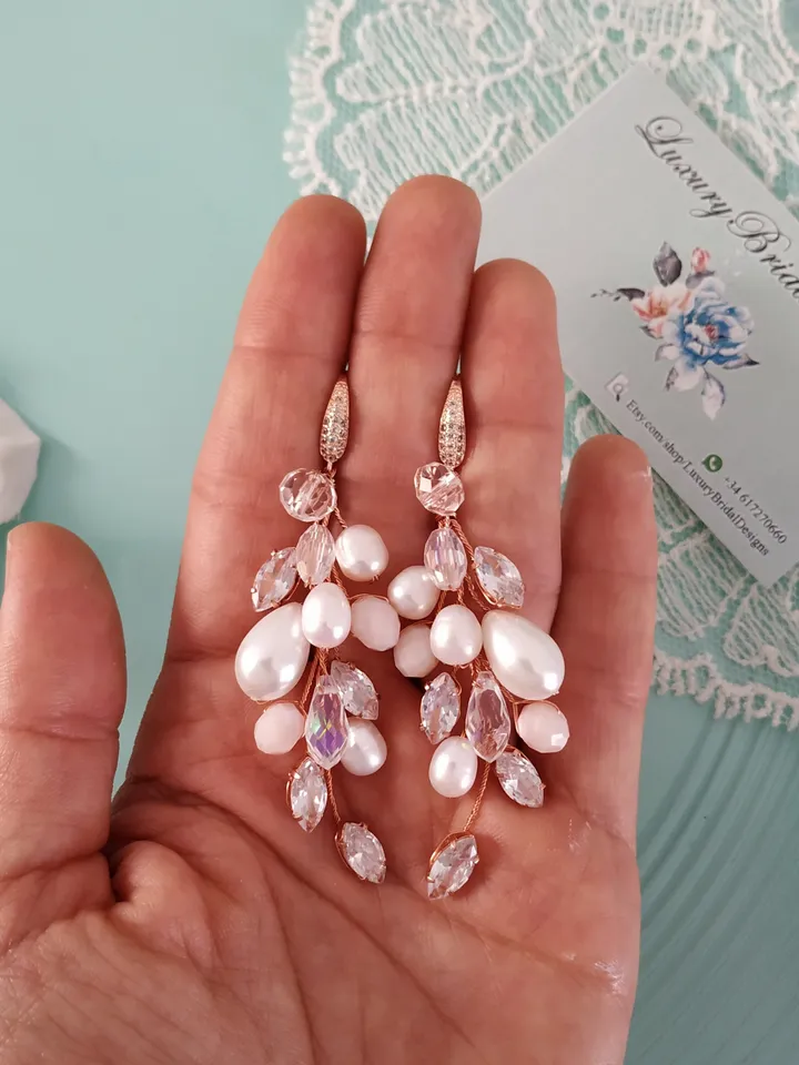 Diamond Rose Gold Wedding Earrings, Chandelier Statement Earrings, Floral Wedding Jewelry, Boho Wedding Earrings, Boho Bridal Earrings